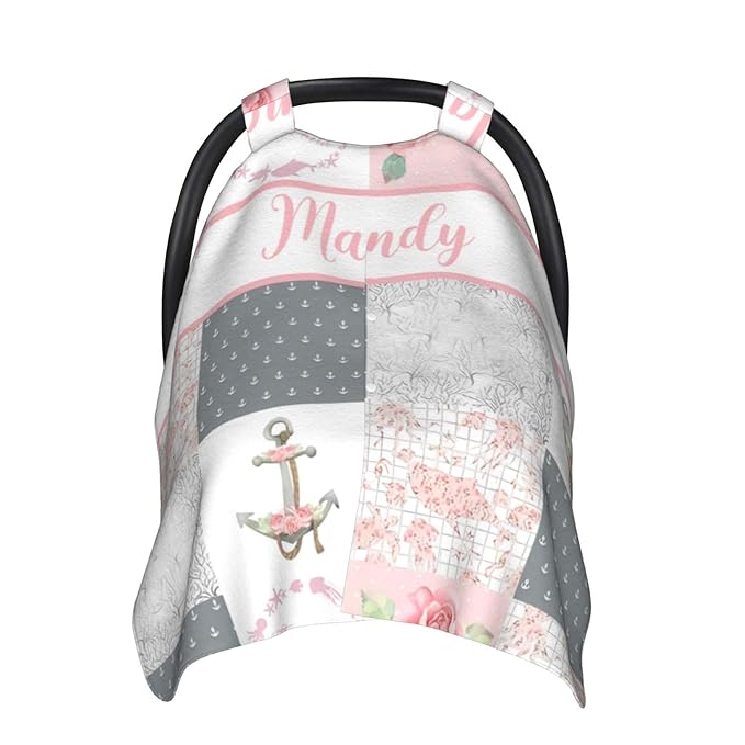 Personalized Baby Car Seat Canopy for Babies with Name, Custom Car Seat Covers for Girls, Floral Anchor Nursing Breastfeeding Stroller Cover Infant Carseat Canopies for Newborn