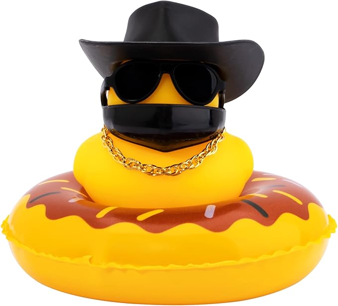wonuu Car Duck Rubber Duck Car Ornaments Duck Car Dashboard Decorations with Cute Headband Swim Ring Necklace Sunglasses, A-Cowboy Hat Black