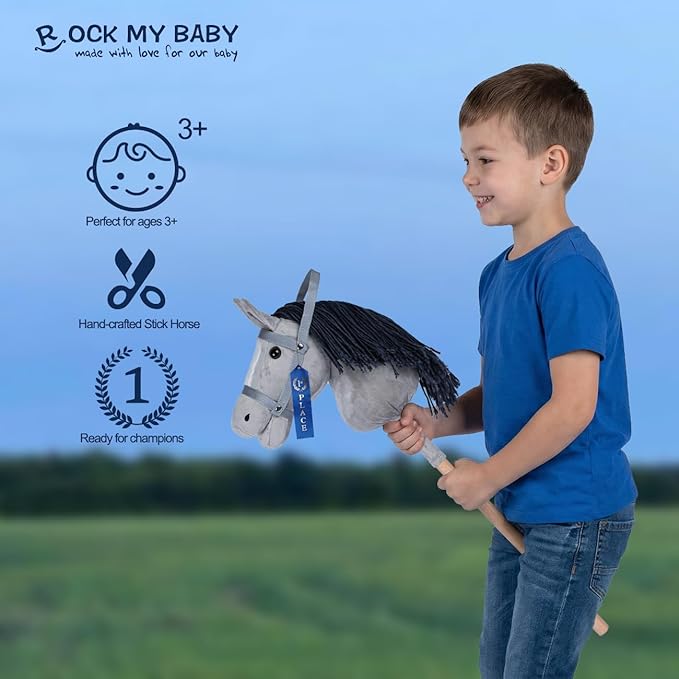 ROCK MY BABY Hobby Horse Plush Stuffed Stick Horse with Award Ribbon for Boys and Girls 3+ Fun Toys for Pretend Play (Gray) CPC Certified