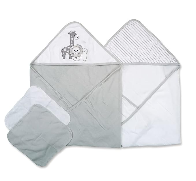 Spasilk Bath Hooded Towels & Washcloths Set for Babies, 2 Hooded Terry Bath Towels & 2 Washcloths, Grey Lion