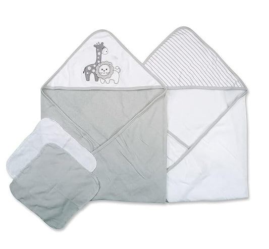 Spasilk Bath Hooded Towels & Washcloths Set for Babies, 2 Hooded Terry Bath Towels & 2 Washcloths, Grey Lion