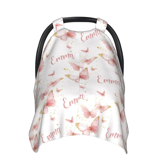 Personalized Pink Butterfly Baby Car Seat Canopy for Girls – Custom Name Minky Nursing Cover, Infant Carseat Canopy, Opening Breastfeeding Stroller Cover for Newborn Baby Gift
