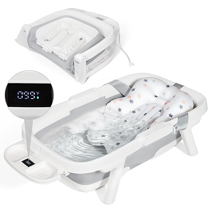 Orzbow Collapsible Baby Bathtub, Large Baby Bath Tub for Newborn with Soft Cushion & Thermometer, Travel Portable Baby Tubs for Infants to Toddler 0-36 Months, 28x16.9 inches, Gray