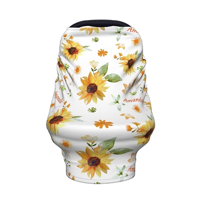 Personalized Baby Car Seat Cover for Boys Girls, Custom Sunflower Nursing Covers for Breastfeeding with Name, Infant Stroller Cover, Baby Carseat Canopy for Newborn, Multiuse Car Seat Canopies