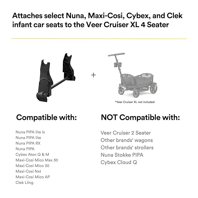 ONLY for VEER Cruiser XL (4 Seater) - Nuna, Cybex, Maxi-COSI Infant Car Seat Adapter for Veer All-Terrain Cruiser XL and City 4-Seater Models. NOT Compatible with 2 Seat Models or Other Brands