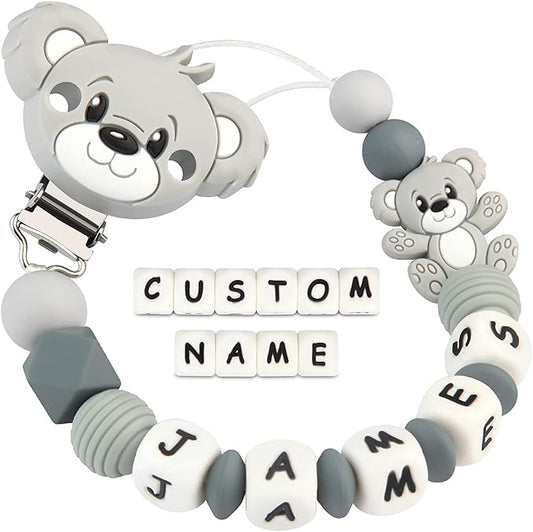 Personalized Pacifier Clip with Name Teddy Bear for Baby Boys Girls Customized(Grey)