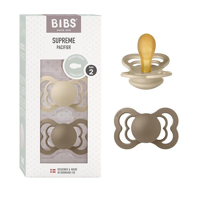 BIBS Pacifiers - Supreme Collection | BPA-Free Symmetrical Nipple | Natural Rubber Latex | Made in Denmark | Set of 2 Vanilla/Dark Oak Color Premium Soothers | Size 6-18 Months