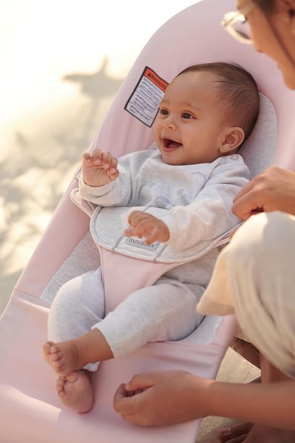 BabyBjörn Bouncer Balance Soft, Woven/Jersey, Light Pink/Grey | 2-in-1 Adjustable Baby Bouncer Seat and Toddler Chair, Newborn to Toddler (8-29 lbs), 4 Positions, Lightweight & Portable