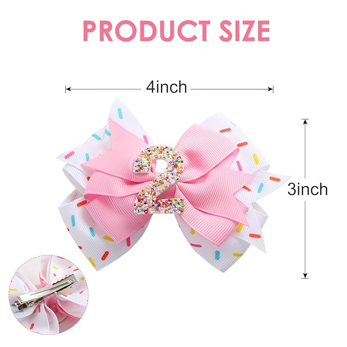 2Pcs Birthday Hair Bow for Baby Girls 2 3 4 5 6 7 Years Sprinkle Decorations Confetti Ice Cream Party Pink Pigtail Hair Accessories for Two 2nd Second Birthday