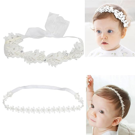 Elegant White Flower Christening Headbands for Baby Girl, Elastic Soft Lace with Cute Tulle Pearl Hair Strap, Stretchy Baptism Halo for Pure Newborns Infants Toddlers (Over 6 Months) (2 Pack 18-20in)