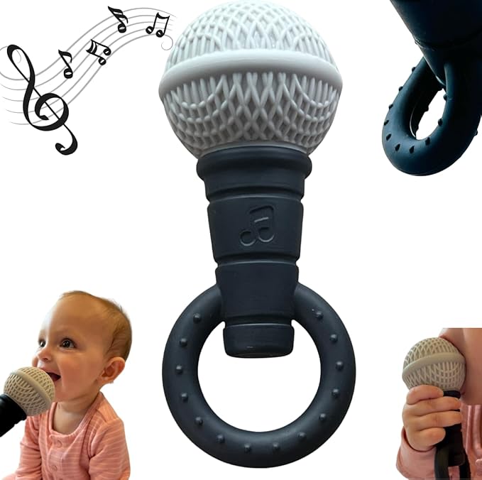 Microphone-Shaped Silicone Baby Teether - BPA Free, with Rattle, Musical/Singing Toy, Dishwasher & Freezer Safe, Easy-to-Grip Teething Shaker Toy for Newborns, Infants, Toddlers. (Gray Black)