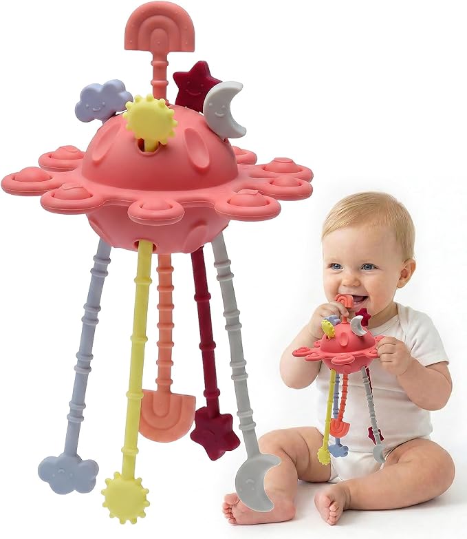 Silicone Baby Sensory Pull String Toy for 18+ Months, Montessori Toys for Toddlers, Sensory Activity Travel Toy for Airplane Car Seat Stroller, Fine Motor Skills Early Learning Gift (Peach Pink)