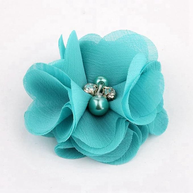 50 Pcs 2" Mini Chiffon Flowers with Rhinestones for Baby Girls Hair Accessories Artificial Fabric Flowers for Headbands Craft Projects (Turquoise)
