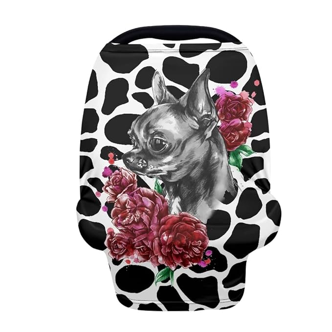JEOCODY Dogs and Pink Rose Cow Print Carseat Canopy Mother Nursing Cover Women Breastfeeding Canopy Scarf Privacy Protection for Outdoor Shopping Car Accessories