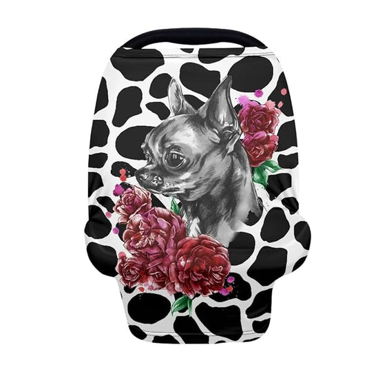 JEOCODY Dogs and Pink Rose Cow Print Carseat Canopy Mother Nursing Cover Women Breastfeeding Canopy Scarf Privacy Protection for Outdoor Shopping Car Accessories