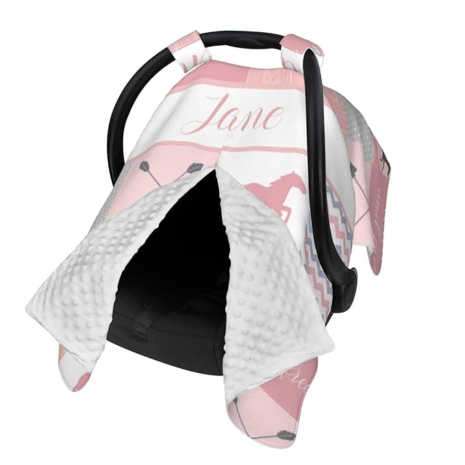 Personalized Baby Car Seat Canopy for Baby Girls, Custom Name Horse Pink Baby Car Seat Covers for Babies, Opening Minky Nursing Breastfeeding Cover for Infant, Carseat Canopies for Newborn