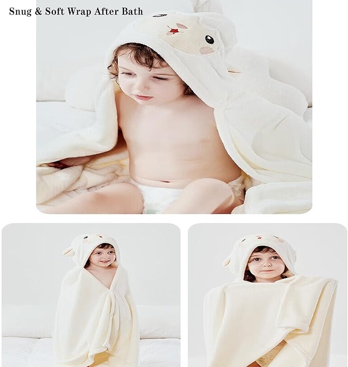 Toddler Baby Bath Towel with Hood 27.5"X55" Ultra Absorbent Soft Cozy Comfort Bathrobe Blanket, 0-6 Years Infant Shower Towel for Girls(White-Goat)