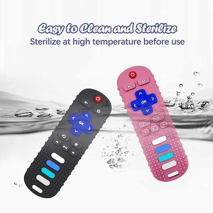2-Pack Silicone Teething Toys for Baby, TV Remote Chew Toy Teethers for 3-6 Months, Baby Sensory Toys for 6 to 12 Months, TV Remote Control Toys for Boys and Girls (Black+Pink)