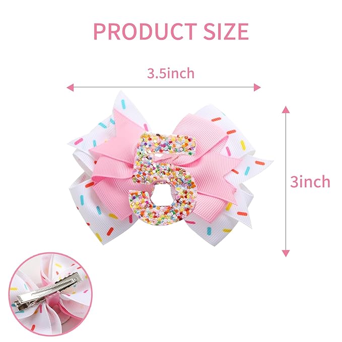 Birthday Hair Clips for Baby Girls - 2Pc Pink Sprinkle Bow Hair Clips for 5th Birthday Glitter Ice Cream Baby Bow Party Decorations for Girls Toddlers Hair Accessories (Pink-5 Years-Clips)