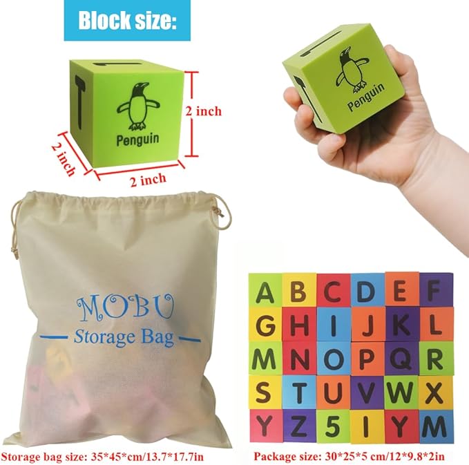 MOBU Foam Building Blocks for Toddlers,30 pcs 2-inch Alphabet Letters Number Blocks with Storage Bag, Learning ABC, 123 Stacking Blocks for Kids