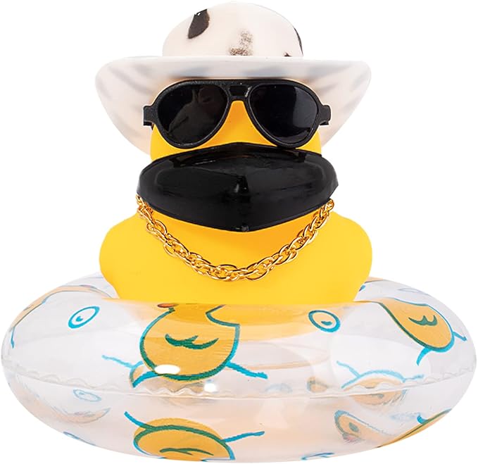 wonuu Car Duck Rubber Duck Car Ornaments Duck Car Dashboard Decorations with Cute Headband Swim Ring Necklace Sunglasses, A-Cowboy Hat White Black Spot