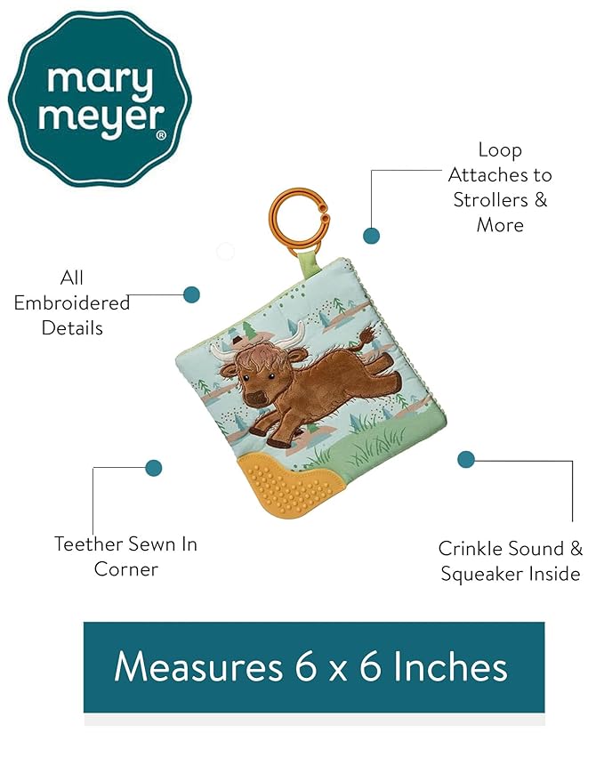 Mary Meyer Crinkle Teether Toy with Baby Paper and Squeaker, 6 x 6-Inches, Hetty Highland Cow