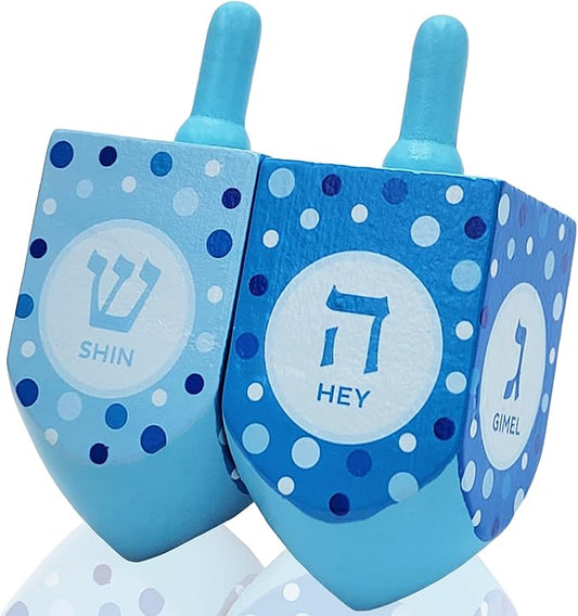 The Dreidel Company Extra Large Hand Painted Wood Hanukkah Dreidels, 2-Pack Pastel Blue & White Design