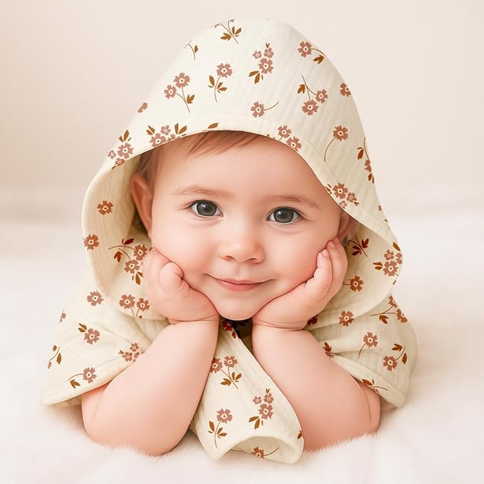 Hooded Baby Towels 2 Pack, Muslin Baby Bath Towels with Hood for Newborn Infant and Toddler, Soft Breathable & Absorbent, 32" x 32" (Beige & Sage, Heavyweight)