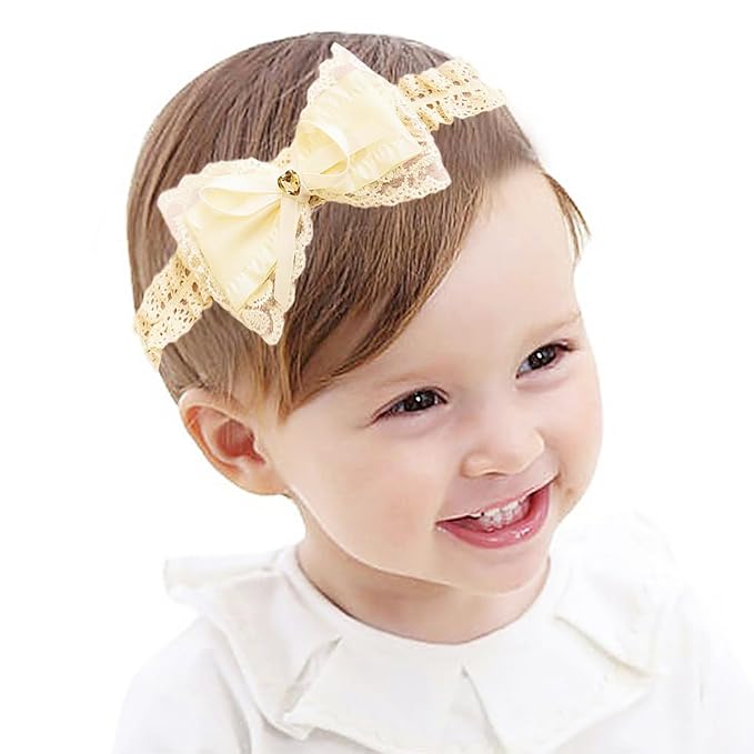 Baby Girl Bows Lace Headband Soft Cotton Tulle Hair Band Princess Infant Head Wrap Turban Ribbon Bow-knot Elastic Hair Accessory for Newborn Infant Toddler (Off white, Standard size)