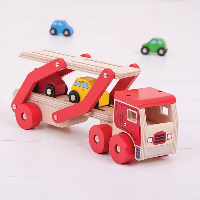 Bigjigs Toys, Wooden Car Transporter, Toy Car Ramp, Wooden Toys, for 1 Year Old Boys, Push Along Baby Vehicle Toy