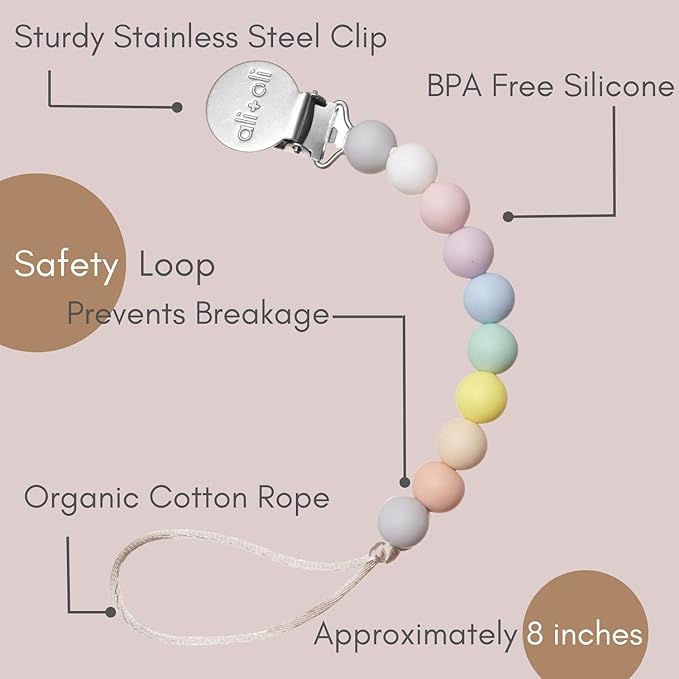 Ali+Oli Silicone Pacifier Clip for Baby (Thin Pastel) 100% Food-Grade BPA Free Newborn Pacifier Holder Infant Binky Clip for Baby Boy or Girl
