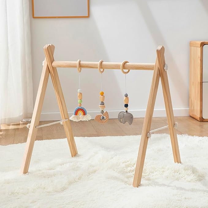 Wooden Baby Play Gym with Hanging Bar, 4 Gym Toys and Natural Pine Wood, Perfect for Infant Development