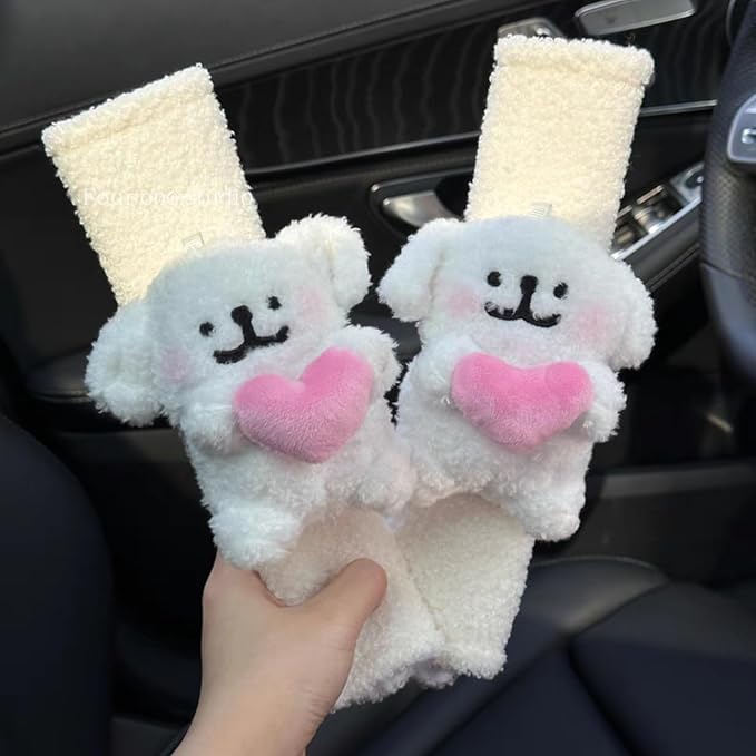 2 PCS Seat Belt Cover Pad, Cute Kawaii Animal Dog Seatbelt Covers for Kids and Women, Winter Plush Fluffy Soft Seat Belt Cover, Cartoon Seatbelt Cushion,Car Seat Strap Pads (B-Dog)