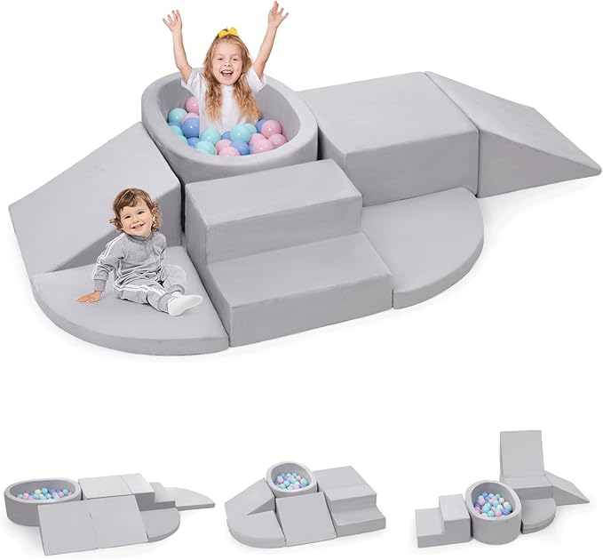Rinnebbit 7-Piece Foam Climbing Blocks for Toddlers, Baby Climb and Crawl Soft Play Set with Ball Pit, Machine Washable Cover, Indoor Activity Play Structure, Climbing Toys for Toddlers 1-3 (Gray)