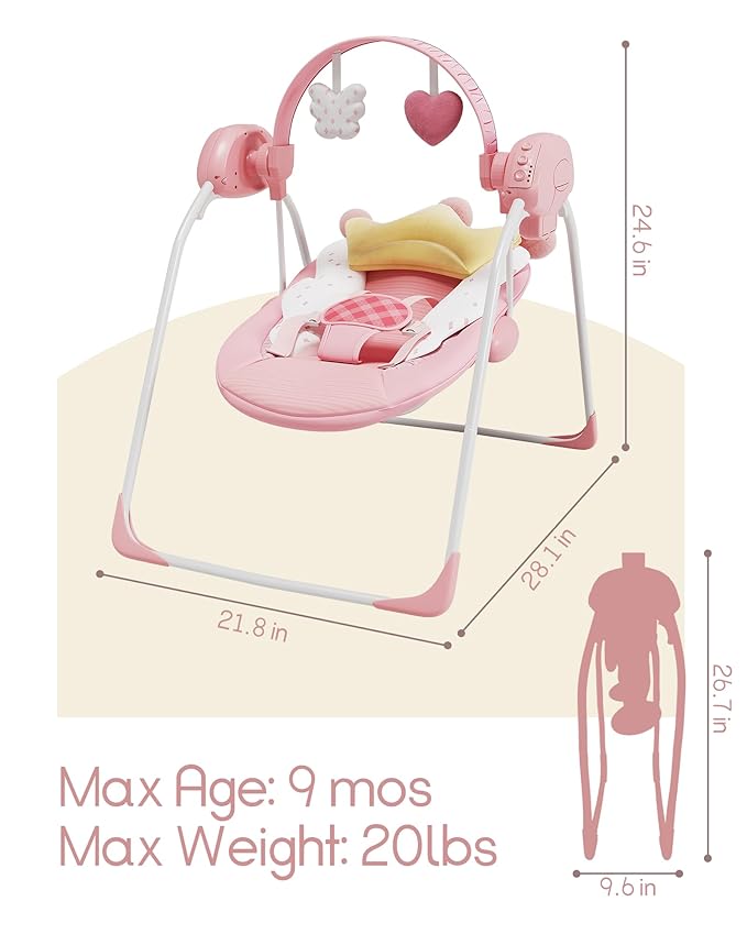 Baby Swings for Infants, Baby Girl Swing for Newborn, Portable Infant Swing with Music, Adaptable Speed, Timing, Soft Cushion, 0-9 Months 20 lbs(Pink)
