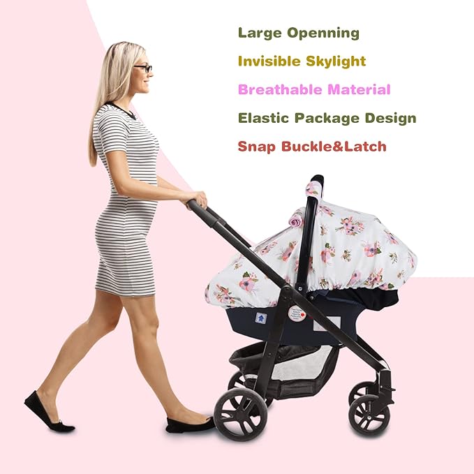 SMTTW Baby Car Seat Covers, Infant Car Canopy for Spring Summer Autumn Winter, Universal Fit, Snug Warm Breathable, Car Seat Canopy for Boys Girls (White Flower)