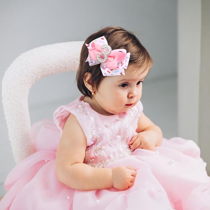 2PCS Hair Bows for Baby Girls Birthday - 3rd Birthday Hair Bow Sweet Theme with Ice Cream Party, Pink Hair Accessories for Baby Toddler 1 2 3 4 5 6 Years, Outfit & Decorations