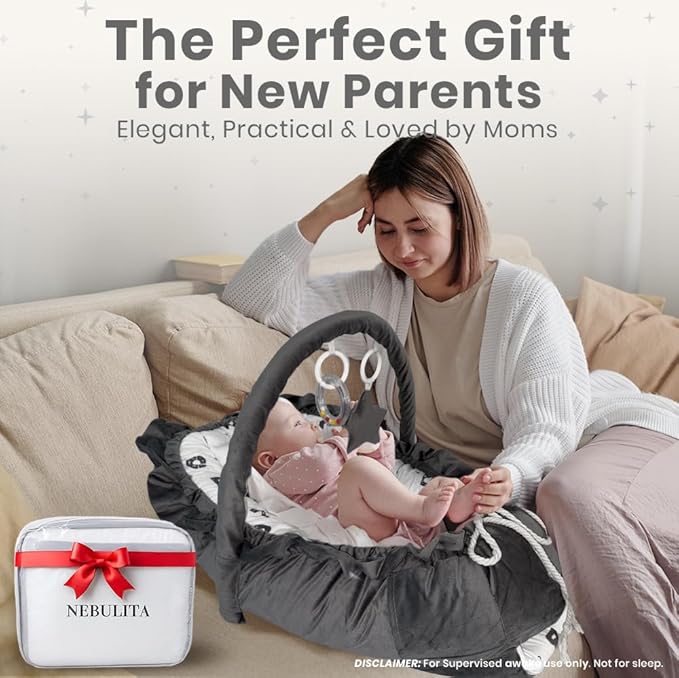 Newborn Lounger ABC - Flexible & Portable w/Infant Support Cushion, Soft & Breathable 100% Cotton - Multi-Use Supervised Baby Lounger for Floor, Travel, Changing Mat Alternative - Premium