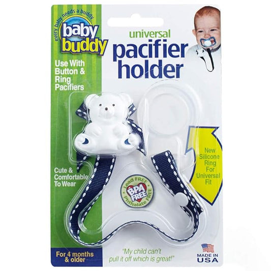 Universal Pacifier Holder Clip by Baby Buddy- Snaps to Paci or Attach with Universal-Fit Silicone Ring, Pacifier Clip Baby Items for 4 Months Old Through Toddler Boys & Girls, Navy with White Stitch