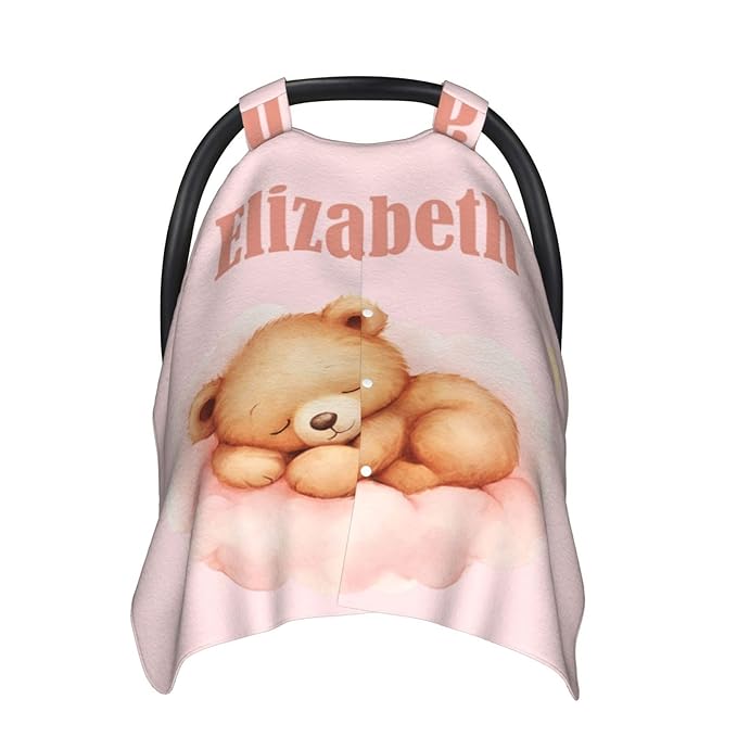 Custom Baby Car Seat Cover with Name – Personalized Bear Pink Nursing Cover, Infant Carseat Canopy, Shopping Cart Cover – Soft, Breathable & Warm – Ideal Shower Gift for Baby Girls