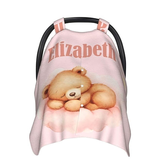 Custom Baby Car Seat Cover with Name – Personalized Bear Pink Nursing Cover, Infant Carseat Canopy, Shopping Cart Cover – Soft, Breathable & Warm – Ideal Shower Gift for Baby Girls