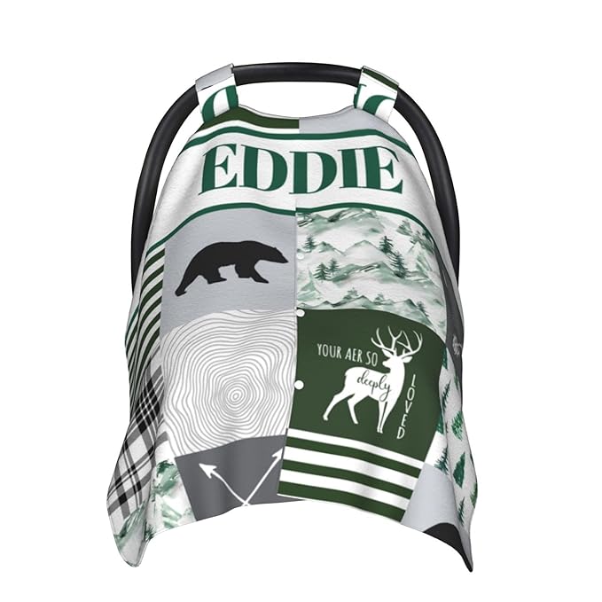 Personalized Baby Car Seat Canopy with Name, Custom Woodland Baby Car Seats Covers for Baby Boy, Opening Minky Nursing Breastfeeding Cover for Infant, Carseat Canopies for Newborn