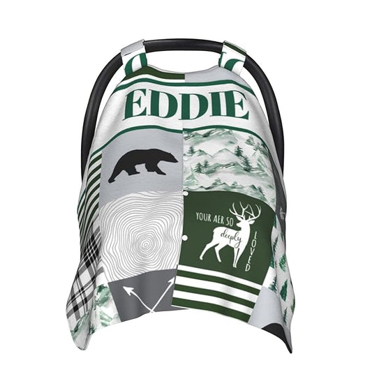 Personalized Baby Car Seat Canopy with Name, Custom Woodland Baby Car Seats Covers for Baby Boy, Opening Minky Nursing Breastfeeding Cover for Infant, Carseat Canopies for Newborn