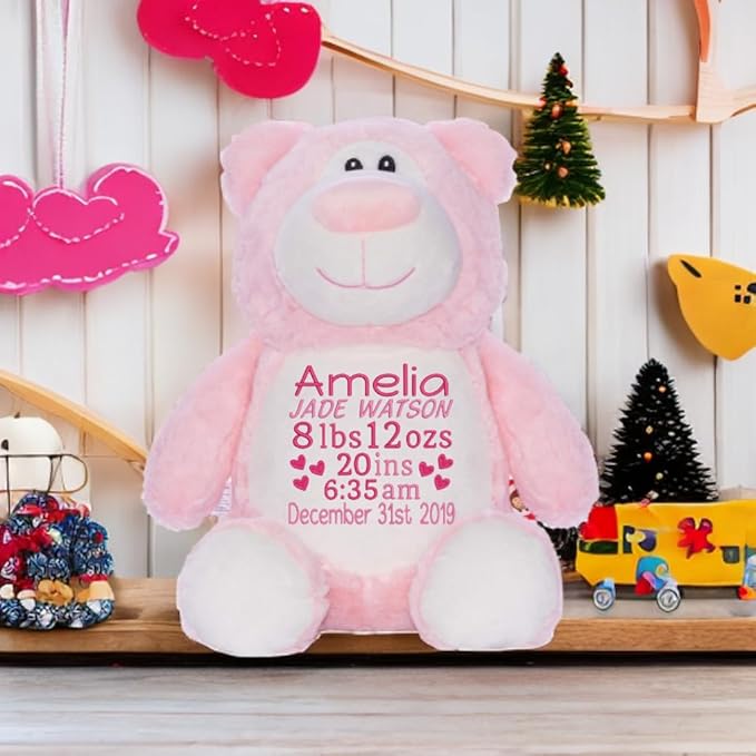 Personalized Pink Bear Plush, Embroidered Stuffed Animal, Custom Girl Keepsake, Newborn Gift, Baby Shower Present, Christmas Baby Gift, Personalized Birth Stats Bear, 14 inch Plush