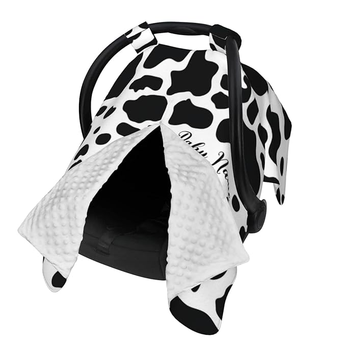 Personalized Cow Markings Baby Infant Car Seats Canopy for Babies with Name, Custom Lightweight Covers for Baby Boys Girls, Minky Nursing Breastfeeding Stroller Cover for Newborn