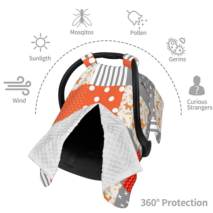 Personalized Fox Plaid Baby Infant Car Seat Canopy with Name, Custom Multi-use Blankets for Baby Boys Girls, Peekaboo Minky Nursing Breastfeeding Stroller Cover Canopies for Newborn