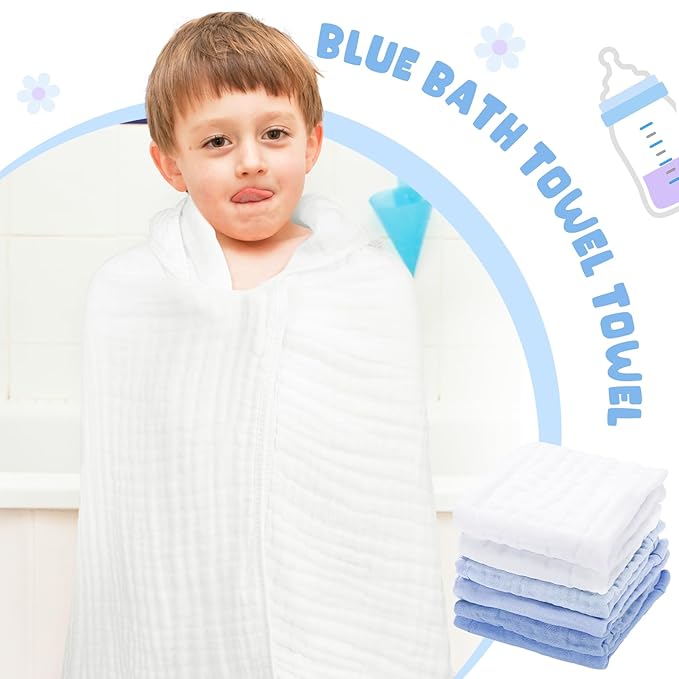Peryiter 8 Pack Baby Bath Towels and Wash Cloth Set Muslin Hooded Soft 100% Cotton Baby Hooded Bath Towel Absorbent Towels Cloths for Babies, Infant, Toddler and Kids Newborn(Blue Series)