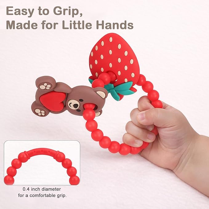 Valentine’s Baby Teething Toys, Teddy Bear & Strawberry Silicone Teether for 3–12 Months, Textured Sensory Chewing Ring for Infants & Toddlers, Baby’s First Valentine’s Day Gift for Boys and Girls