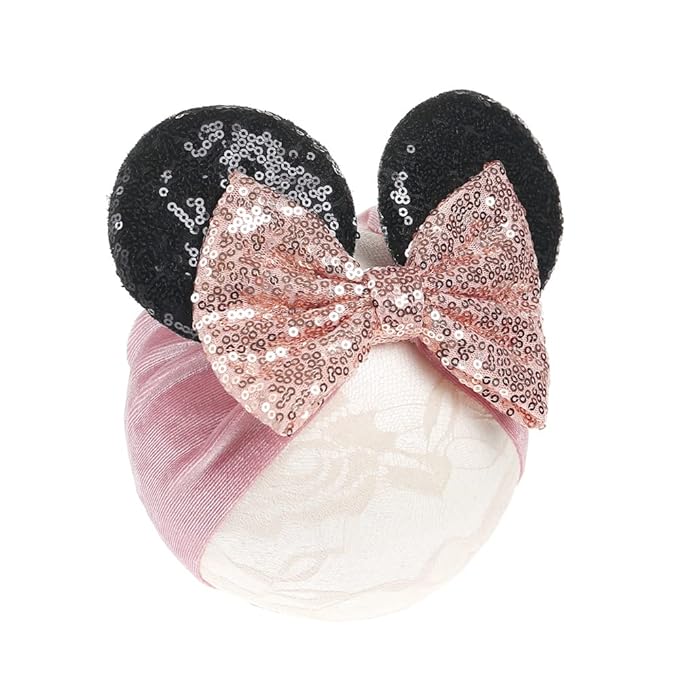 JIAHANG Baby Girl Mouse Ears Turban Headwrap with Sequin Bows, Wide Velvet Hairband, Hair Bow Headband for Newborn Toddler, kids, Party Supplies (oufen HW)
