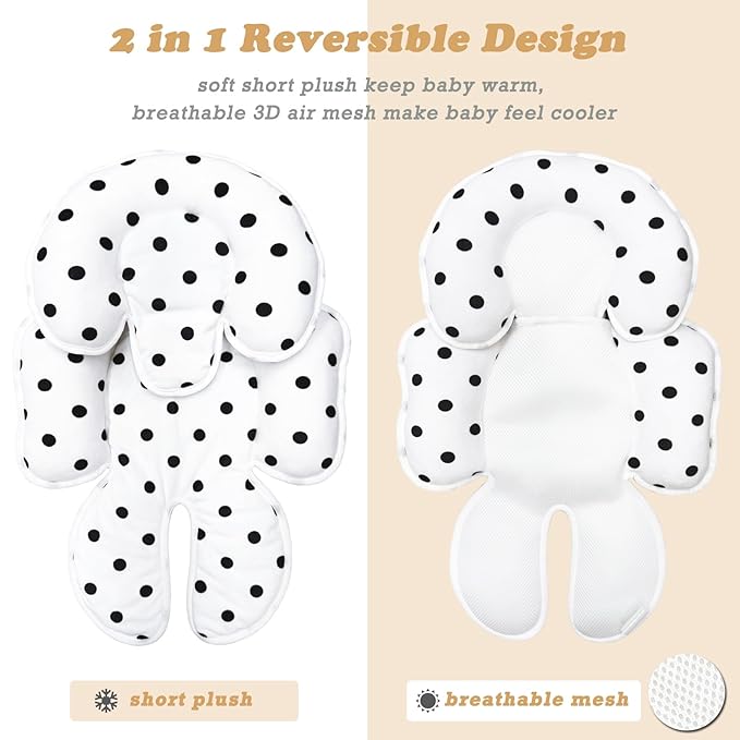 Infant Car Seat Insert, 2 in 1 Carseat Head Neck Pillow for Newborn, Breathable Baby Carriage Pad with Strap Covers, Fit Car Seat, Stroller, Bouncer, Polka Dot